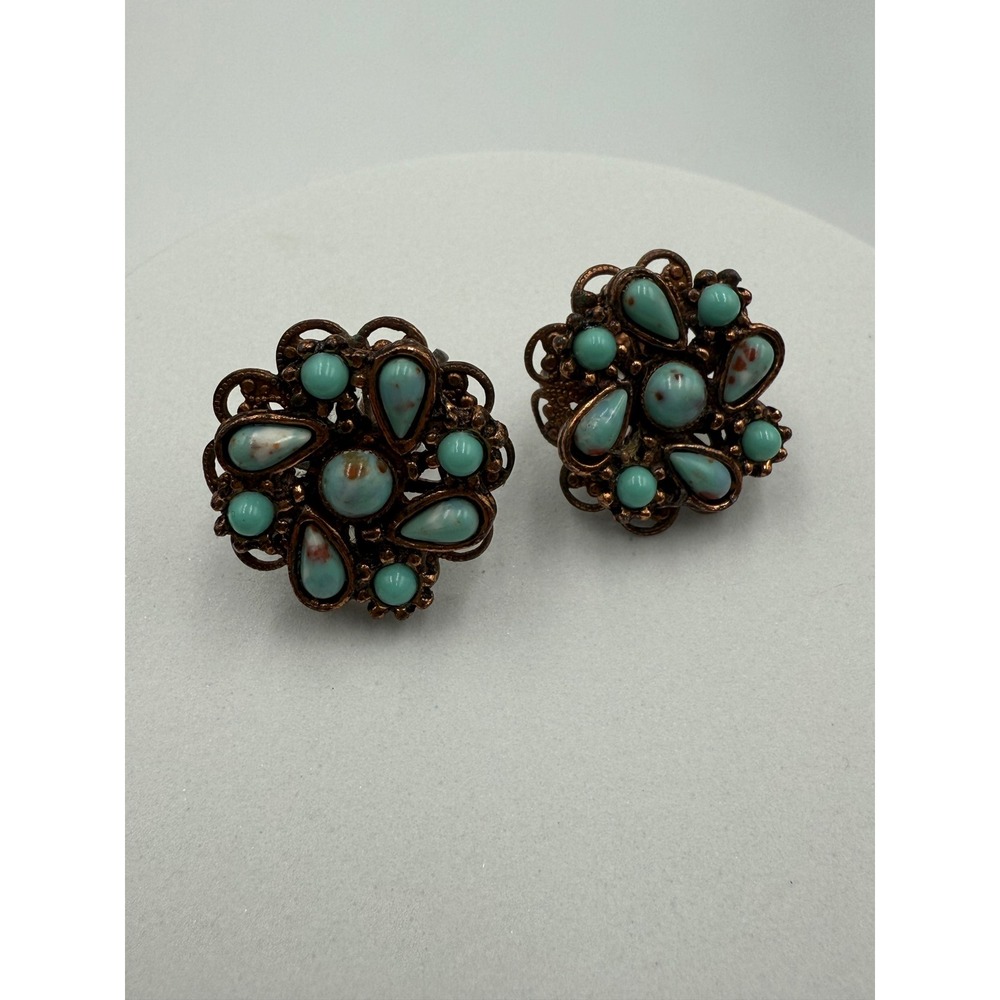Vintage Copper Filigree Faux Turquoise Screw Back Earrings Boho Floral Cluster